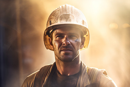 Portrait of a worker in a protective helmet on a blurred background.の素材
