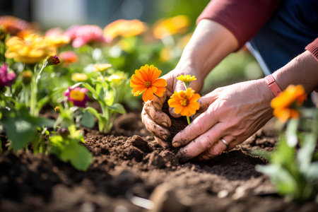 Hands of senior woman planting flowers in the garden, selective focusの素材