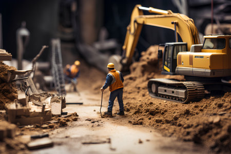 Miniature construction worker with excavator working on construction site background.の素材