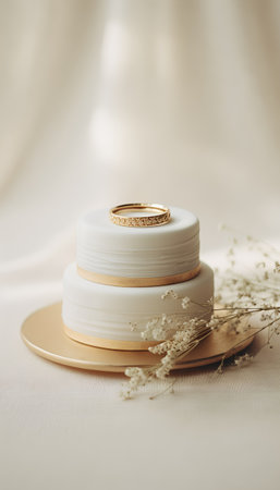 Wedding rings on a golden plate on a light background.の素材