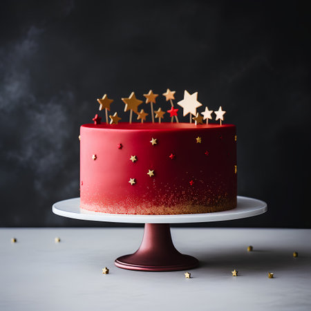 Red birthday cake with stars and confetti on a dark background.の素材