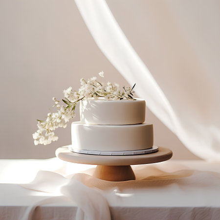 White wedding cake with flowers on a wooden stand on a light backgroundの素材