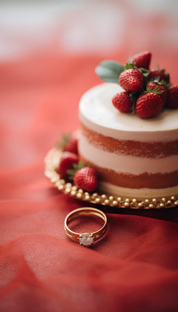wedding cake with strawberries and gold rings on a red backgroundの素材