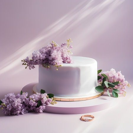 3d render of white wedding cake with lilac flowers and golden ringsの素材