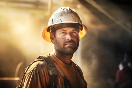 Portrait of a fireman wearing a helmet and looking at the cameraの素材