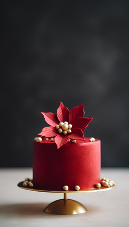 Red cake with a red bow on a golden stand on a dark backgroundの素材