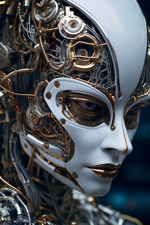 Cyborg head with gears and cogwheels. 3D renderingの素材