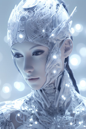 3D rendering of a female cyborg with glowing lights on her headの素材