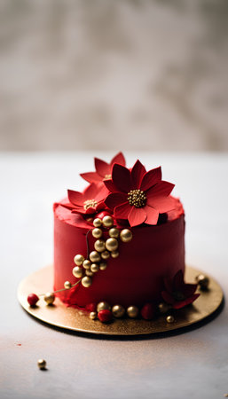Red velvet cake decorated with red flowers and golden beads on a golden plateの素材