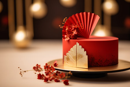 Wedding cake with golden heart and red paper fan on the tableの素材