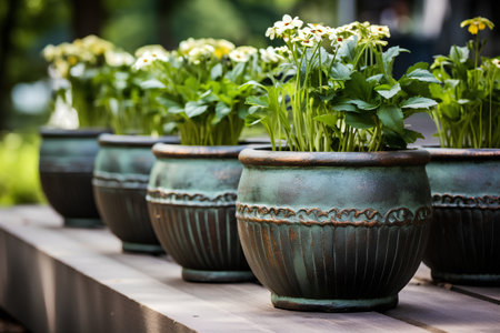 Plants in terracotta pots on a wooden table in the gardenの素材