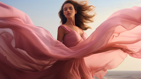 Young beautiful woman in long pink dress on the beach at sunset.の素材