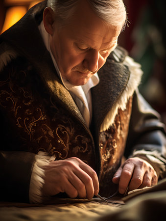 Portrait of a senior man sewing at home. Selective focus.の素材