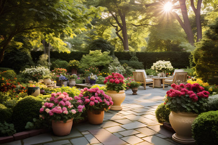 Beautiful garden with flowers in pots on a walkway at sunset.の素材