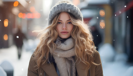 Portrait of a beautiful girl in a hat and coat on a background of a winter streetの素材