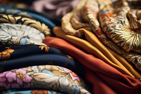 Multicolored fabric of different colors. Close-up. Selective focus.の素材