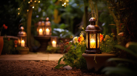 Lantern in the garden at night. Decorated with flowers.の素材