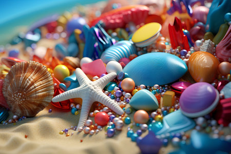 Seashells and starfish on the sand. 3d illustrationの素材