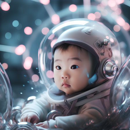 Cute asian baby boy wearing astronaut costume with bokeh backgroundの素材