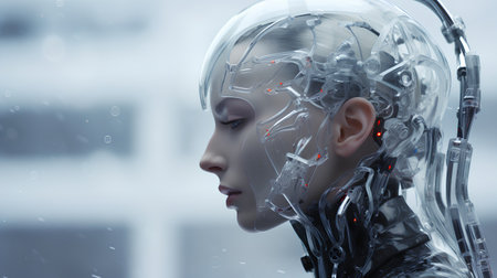 3d rendering of a female robot with artificial intelligence in the backgroundの素材