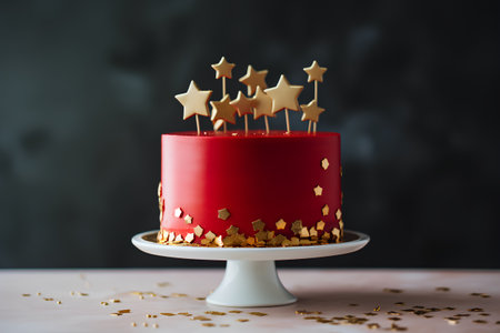 Birthday cake with gold stars and confetti on a dark backgroundの素材