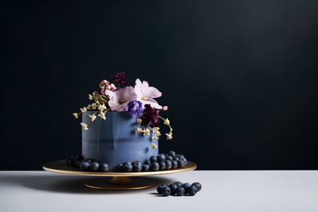 Blueberry cake with flowers on a dark background. Copy space.の素材
