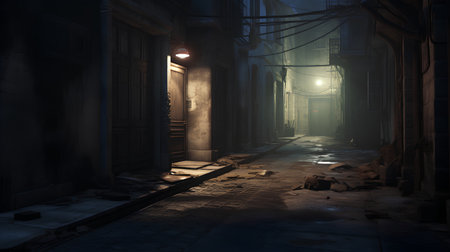 Foggy street in the old city at night. 3d renderingの素材