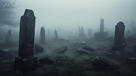 Foggy Halloween graveyard with old gravestones. 3d renderの素材