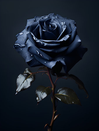 Dark blue rose with water drops on dark background. Close up.の素材