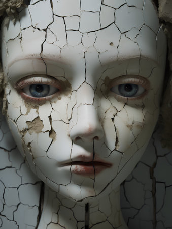 3d rendering of a female robot face with cracked skin and eyesの素材