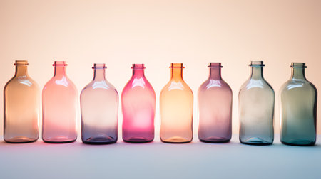 Colorful glass bottles on a light background. 3d rendering.の素材