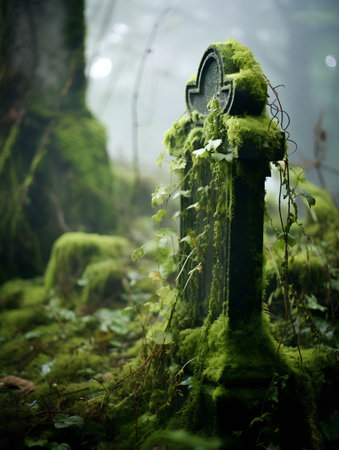 Old cemetery with moss in a foggy forest. Halloween concept.の素材