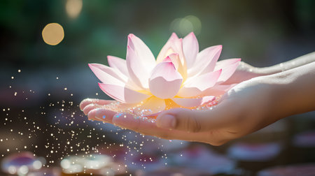 Lotus flower in hand with bokeh light background, nature conceptの素材