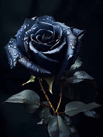 Beautiful dark blue rose with water drops on a black background.の素材
