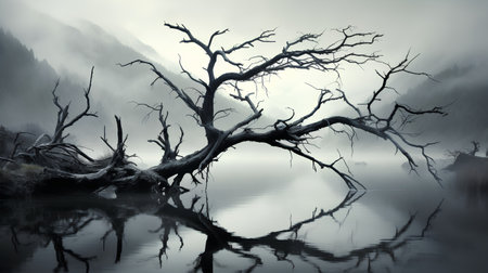 Dead tree in a foggy lake, black and white image.の素材