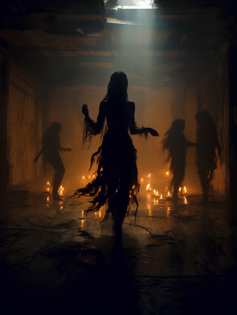 Halloween concept. Silhouette of a woman in an abandoned building. 3d renderingの素材