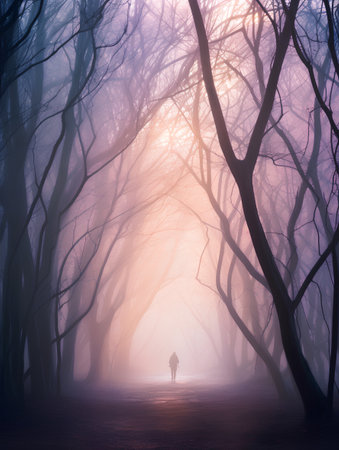 Mysterious foggy forest with a man walking on a pathの素材