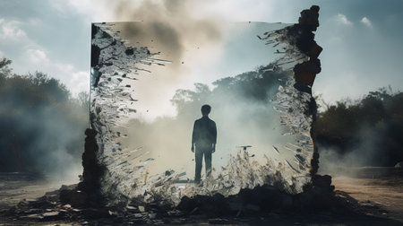 Man standing in the ruins of a destroyed building. Conceptual image.の素材