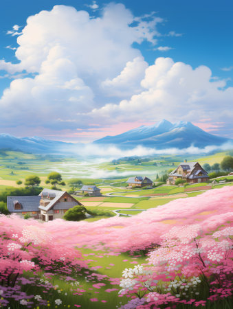 Beautiful spring landscape with mountain fuji and cherry blossom.の素材