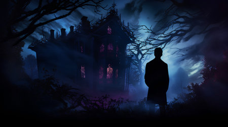 Silhouette of a man in front of a haunted house. Halloween backgroundの素材
