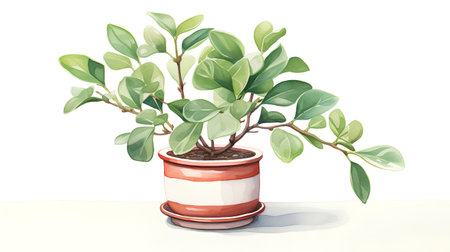 Watercolor ficus tree in a pot. Hand drawn illustration.の素材