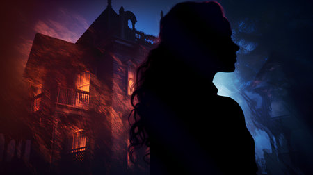 Silhouette of a woman in front of a haunted house.の素材