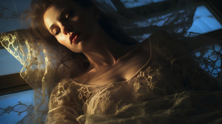 Beautiful young woman in a lace dress on the windowsill at nightの素材