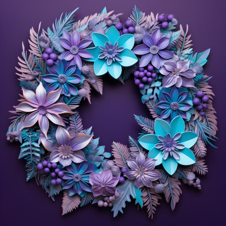 Wreath of flowers and leaves on a purple background. Vector illustration.の素材