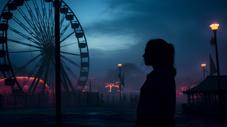 Silhouette of a girl in a park against the backdrop of a ferris wheel.の素材