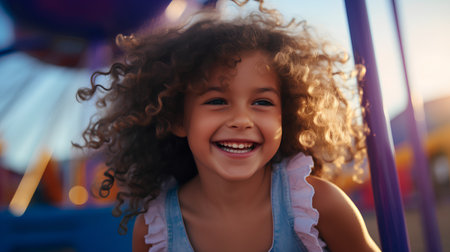 Portrait of a cute little girl with curly hair smiling and looking at the camera.の素材