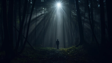 Mysterious dark forest with fog and a man with a flashlightの素材