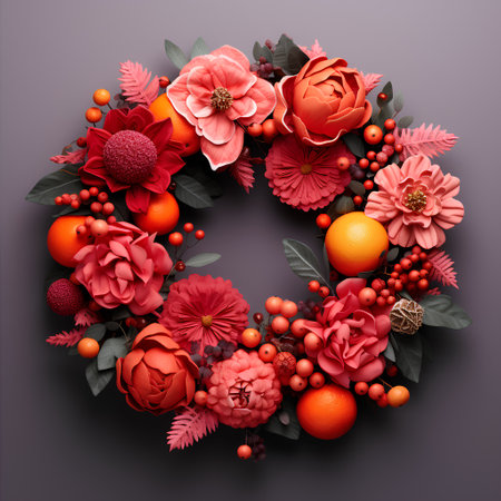 Beautiful floral wreath with red and orange flowers and berries.の素材