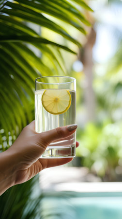 Female hand holding a glass of water with lemon on the background of palm treesの素材