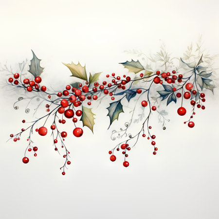 Watercolor Christmas card with holly branches and berries. Hand drawn illustration.の素材